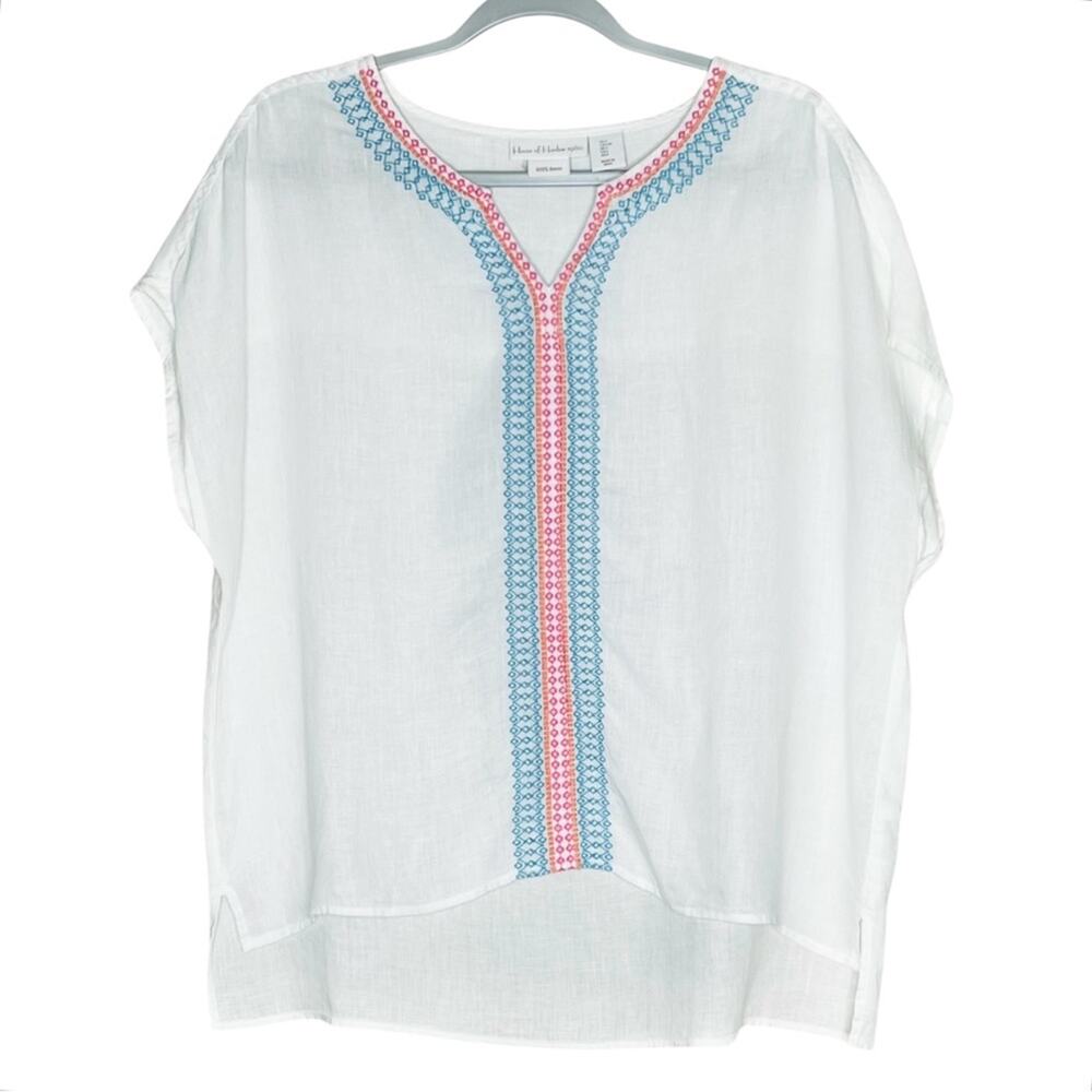 House of Harlow 1960 White Embroidered 100% Linen Blouse L Boho Top
